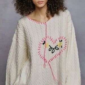 POL Cream Cable-Knit Sweater with Pink Heart Stitching